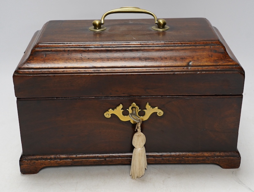 A George III mahogany tea caddy, 25cm wide. Condition - fair